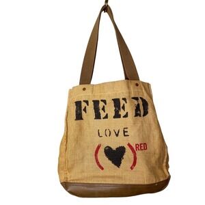 FEED Projects Red Love 30 Burlap Tote Bag Leather Bottom Interior Pockets Summer